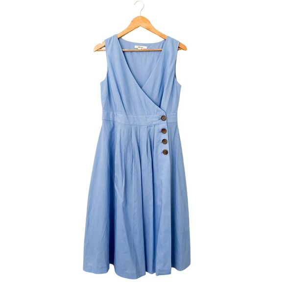 Boden Linen Midi Dress Arwen Wrap Blue V-Neck Size 8 Petite Preppy Beachy - Picture 2 of 8
